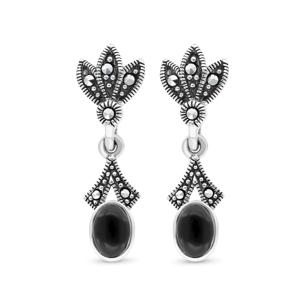 Sterling Silver 925 Earring Embedded With Natural Black Agate And Marcasite Stones