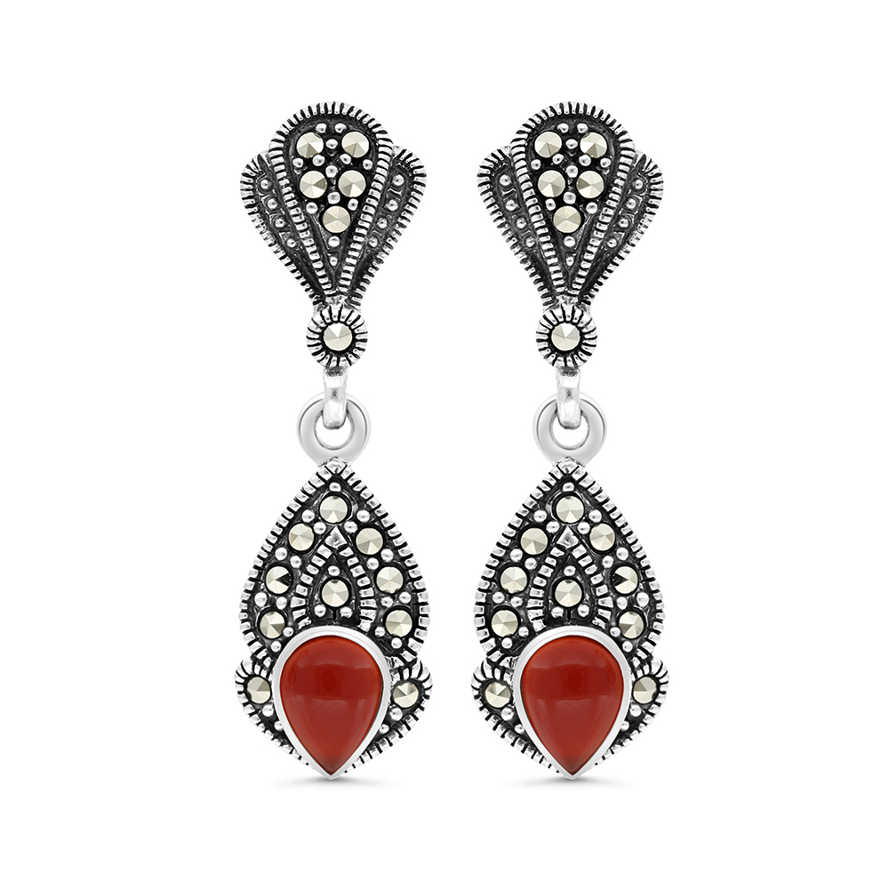 Sterling Silver 925 Earring Embedded With Natural Aqiq And Marcasite Stones