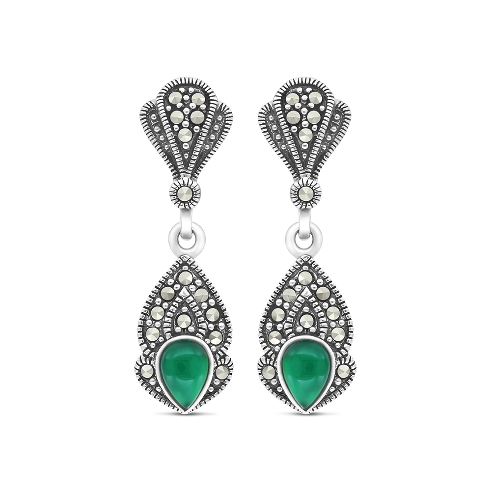 Sterling Silver 925 Earring Embedded With Natural Green Agate And Marcasite Stones