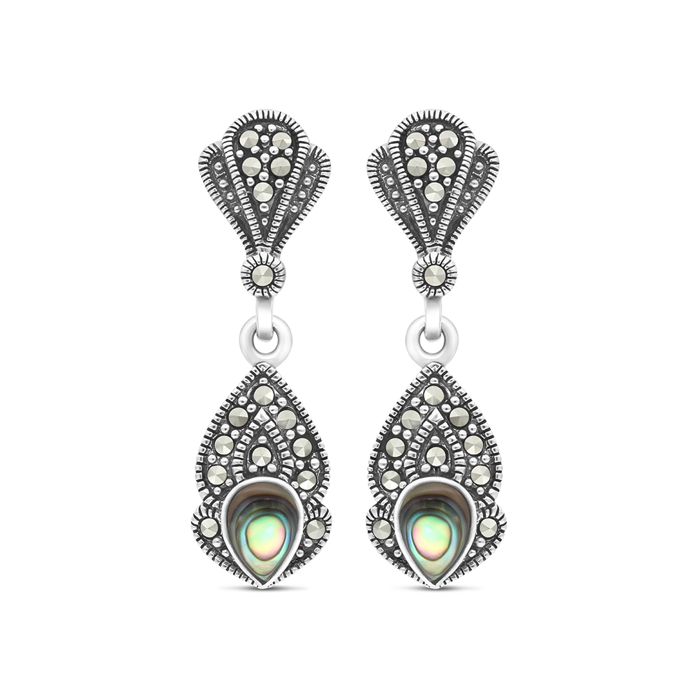 Sterling Silver 925 Earring Embedded With Natural Blue Shell And Marcasite Stones