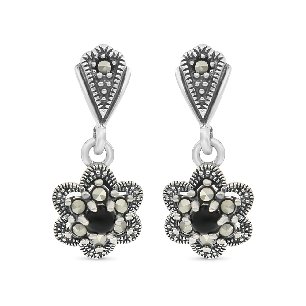Sterling Silver 925 Earring Embedded With Natural Black Agate And Marcasite Stones