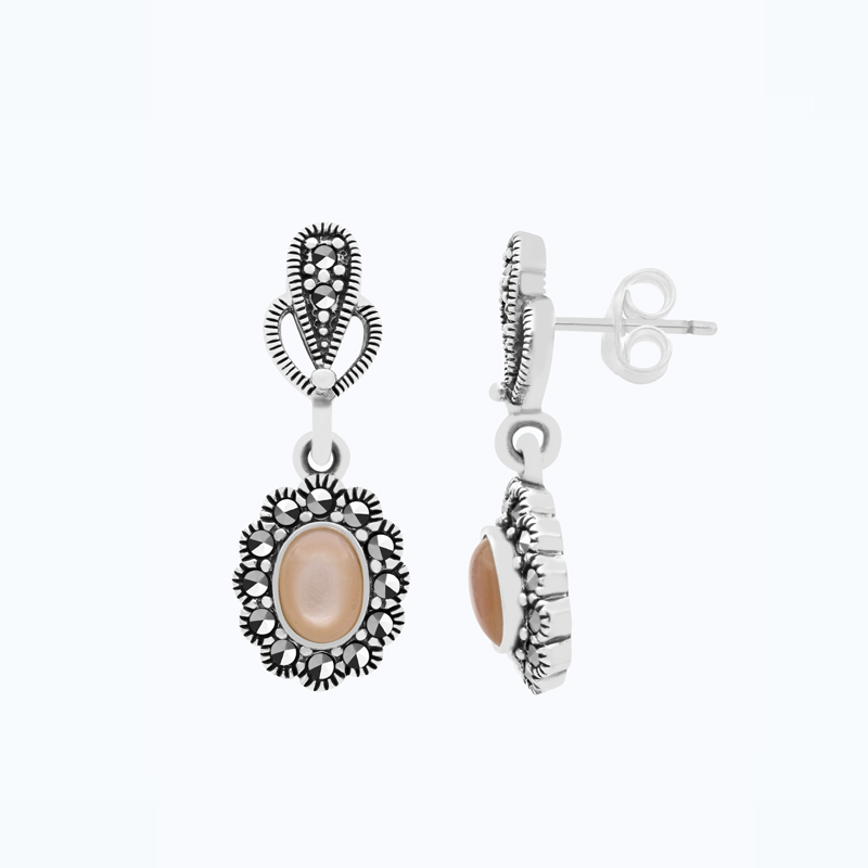 Sterling Silver 925 Earring Embedded With Natural Pink Shell And Marcasite Stones