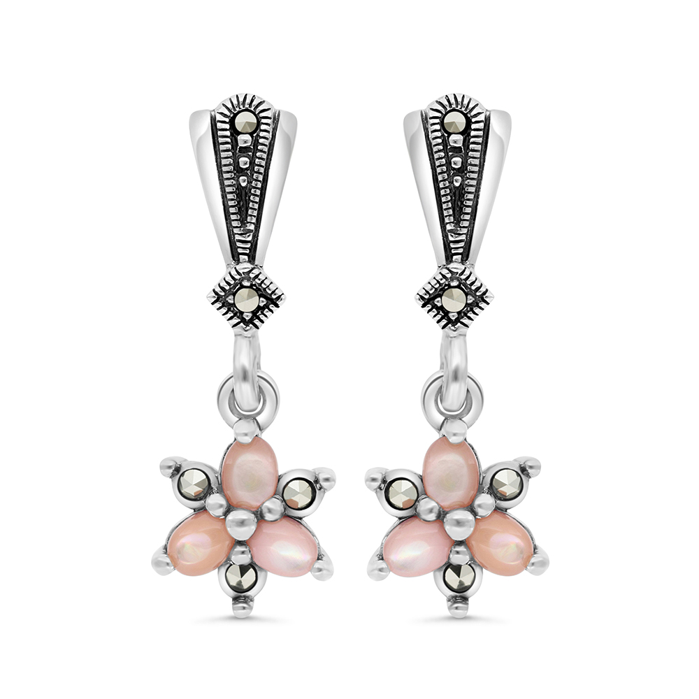 Sterling Silver 925 Earring Embedded With Natural Pink Shell And Marcasite Stones