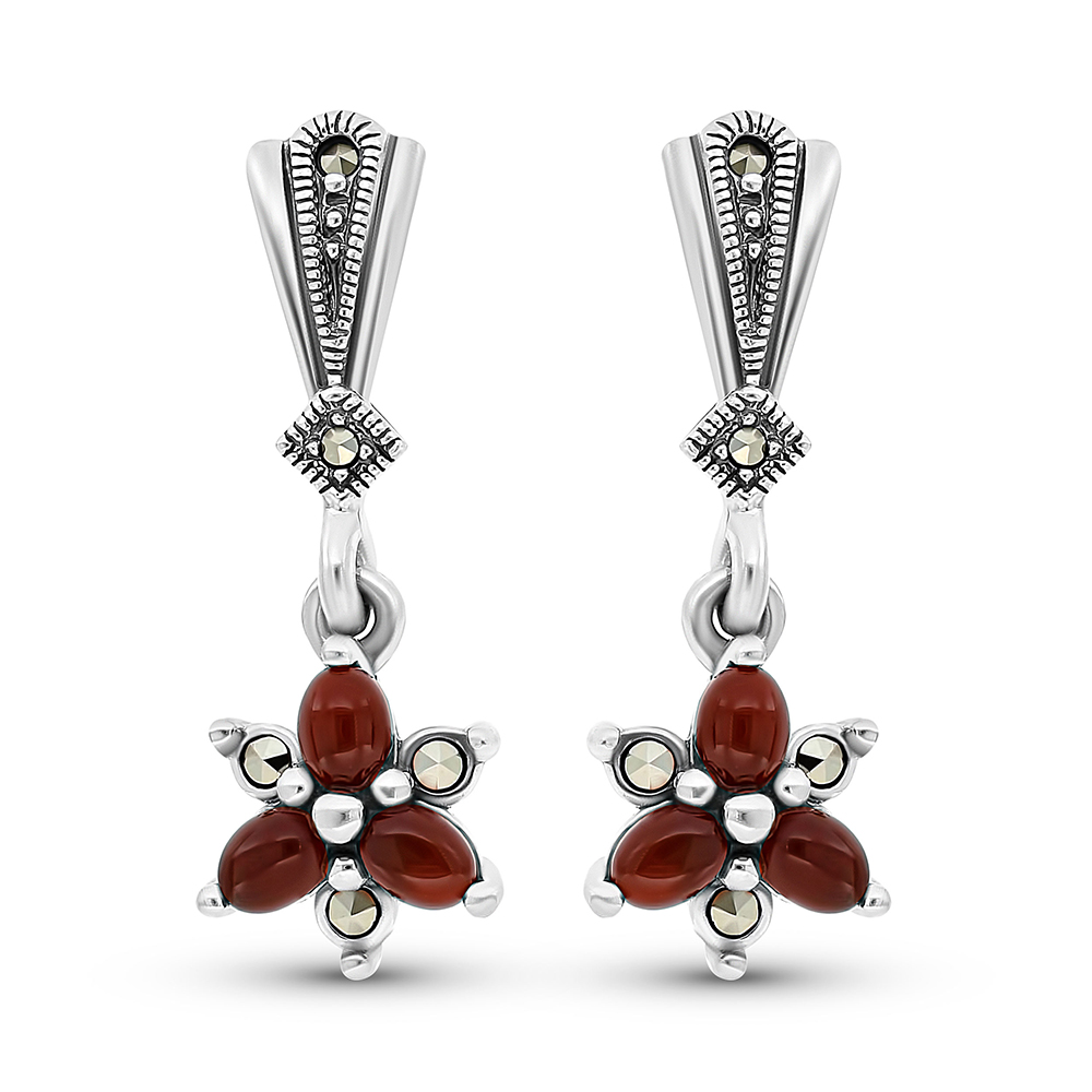 Sterling Silver 925 Earring Embedded With Natural Aqiq And Marcasite Stones
