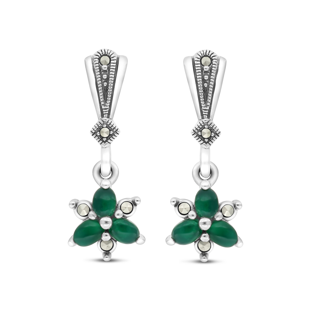 Sterling Silver 925 Earring Embedded With Natural Green Agate And Marcasite Stones