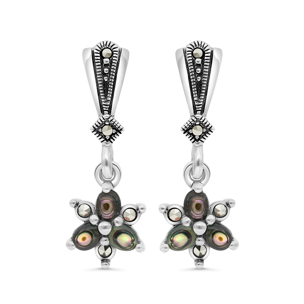 Sterling Silver 925 Earring Embedded With Natural Blue Shell And Marcasite Stones