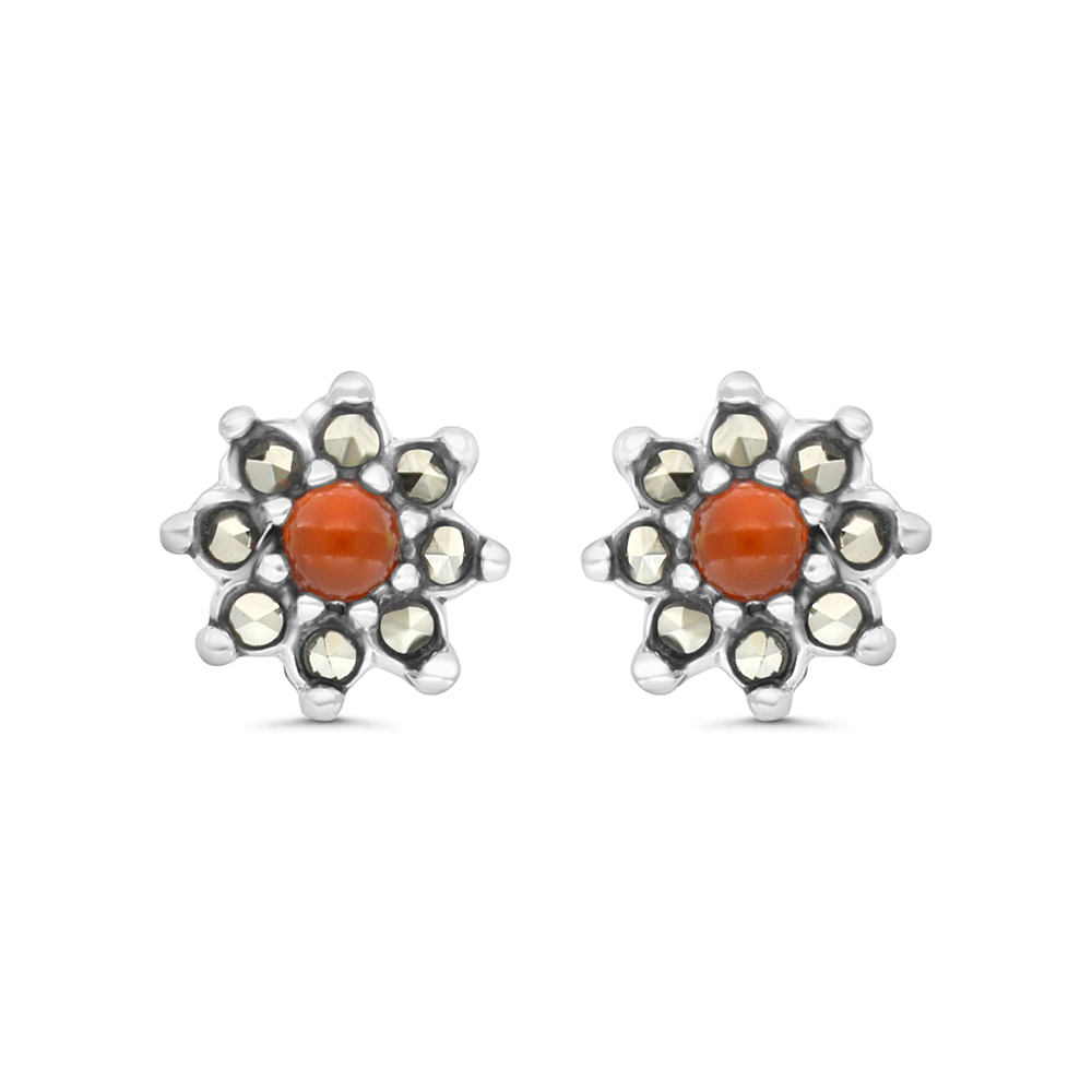 Sterling Silver 925 Earring Embedded With Natural Aqiq And Marcasite Stones