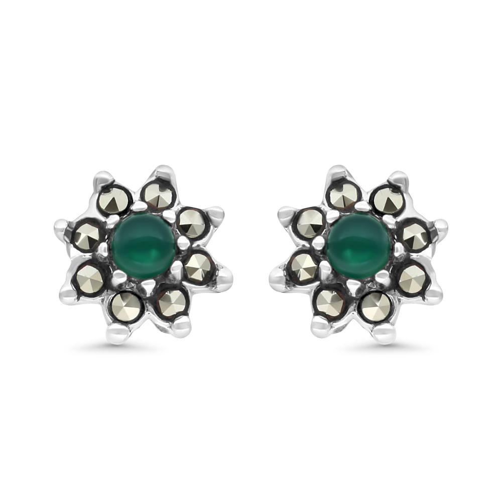 Sterling Silver 925 Earring Embedded With Natural Green Agate And Marcasite Stones