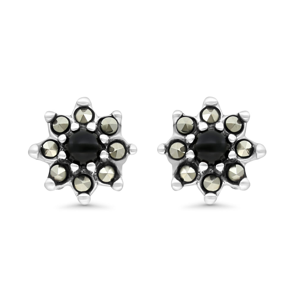Sterling Silver 925 Earring Embedded With Natural Black Agate And Marcasite Stones