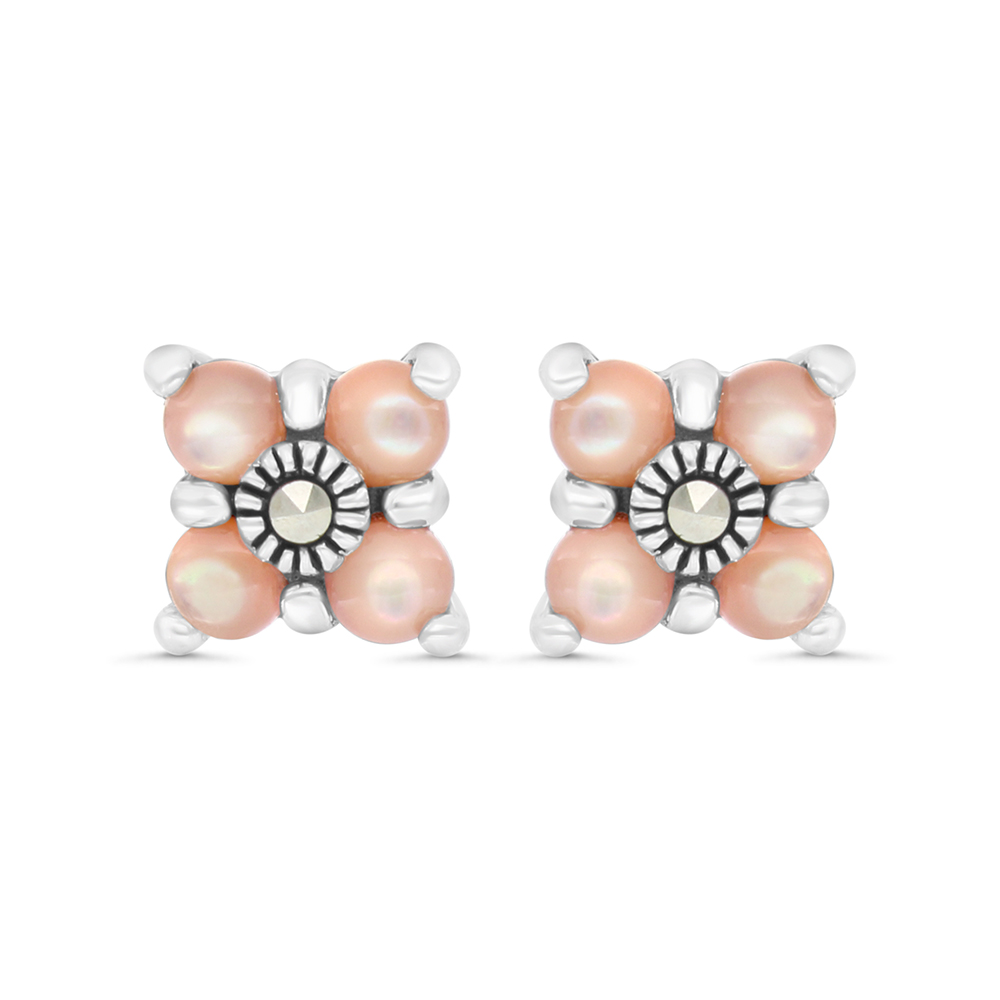 Sterling Silver 925 Earring Embedded With Natural Pink Shell And Marcasite Stones