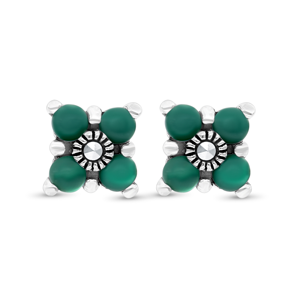 Sterling Silver 925 Earring Embedded With Natural Green Agate And Marcasite Stones