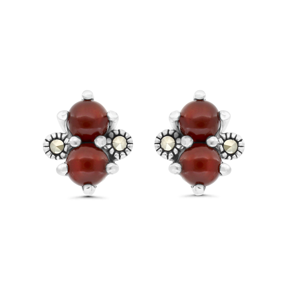 Sterling Silver 925 Earring Embedded With Natural Aqiq And Marcasite Stones