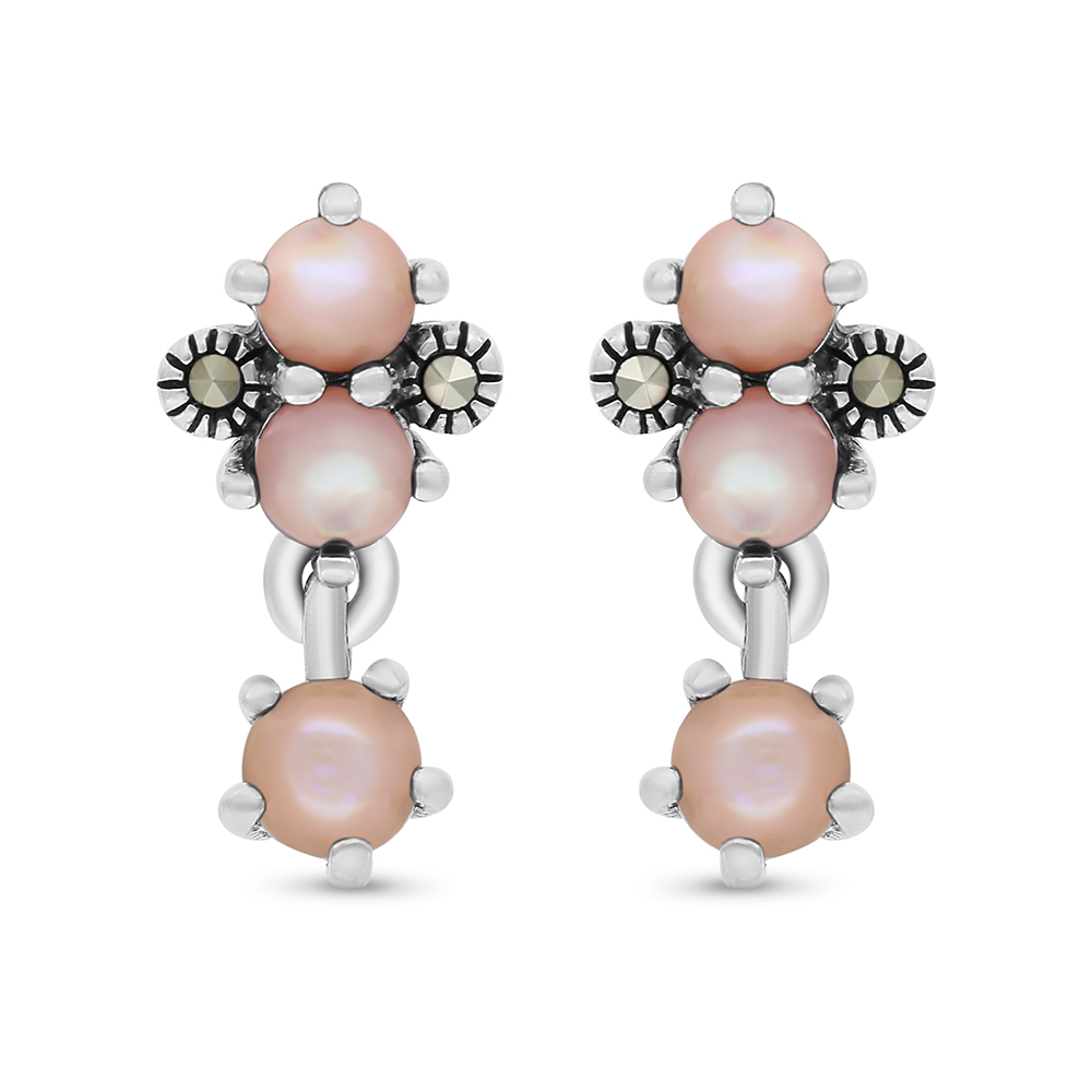 Sterling Silver 925 Earring Embedded With Natural Pink Shell And Marcasite Stones