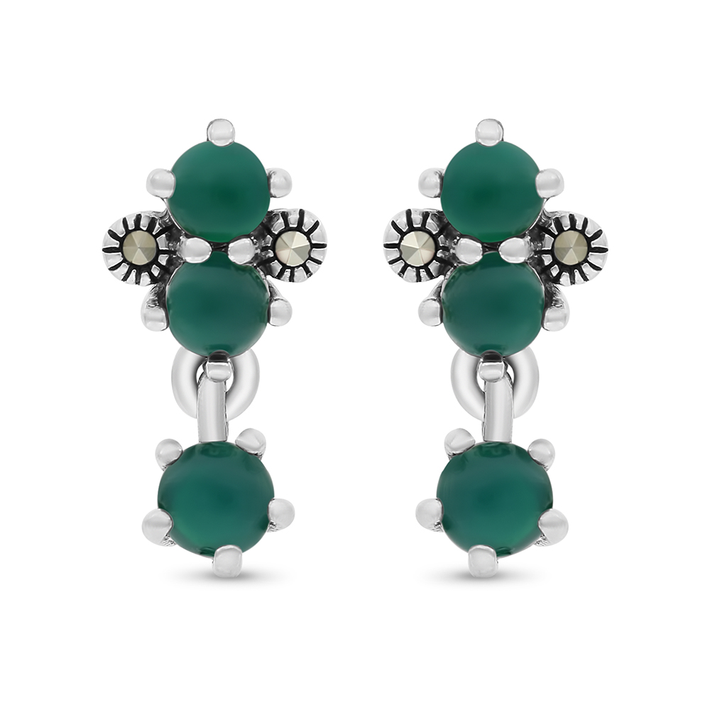 Sterling Silver 925 Earring Embedded With Natural Green Agate And Marcasite Stones