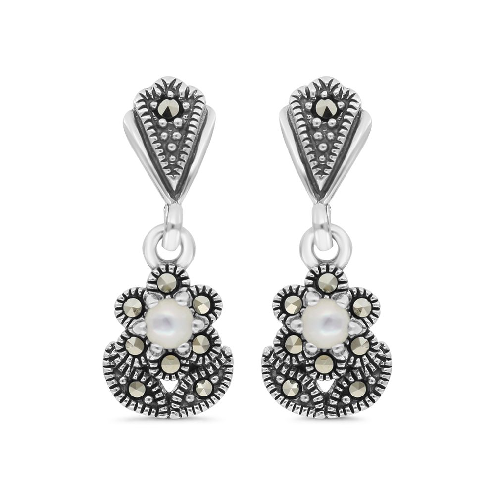 Sterling Silver 925 Earring Embedded With Natural White Shell And Marcasite Stones
