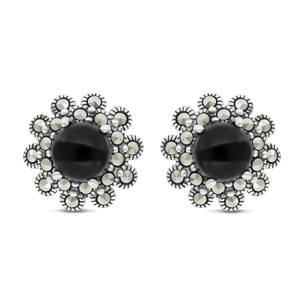 Sterling Silver 925 Earring Embedded With Natural Black Agate And Marcasite Stones