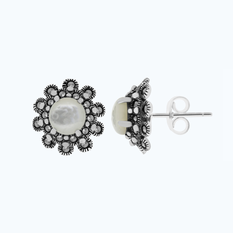 Sterling Silver 925 Earring Embedded With Natural White Shell And Marcasite Stones