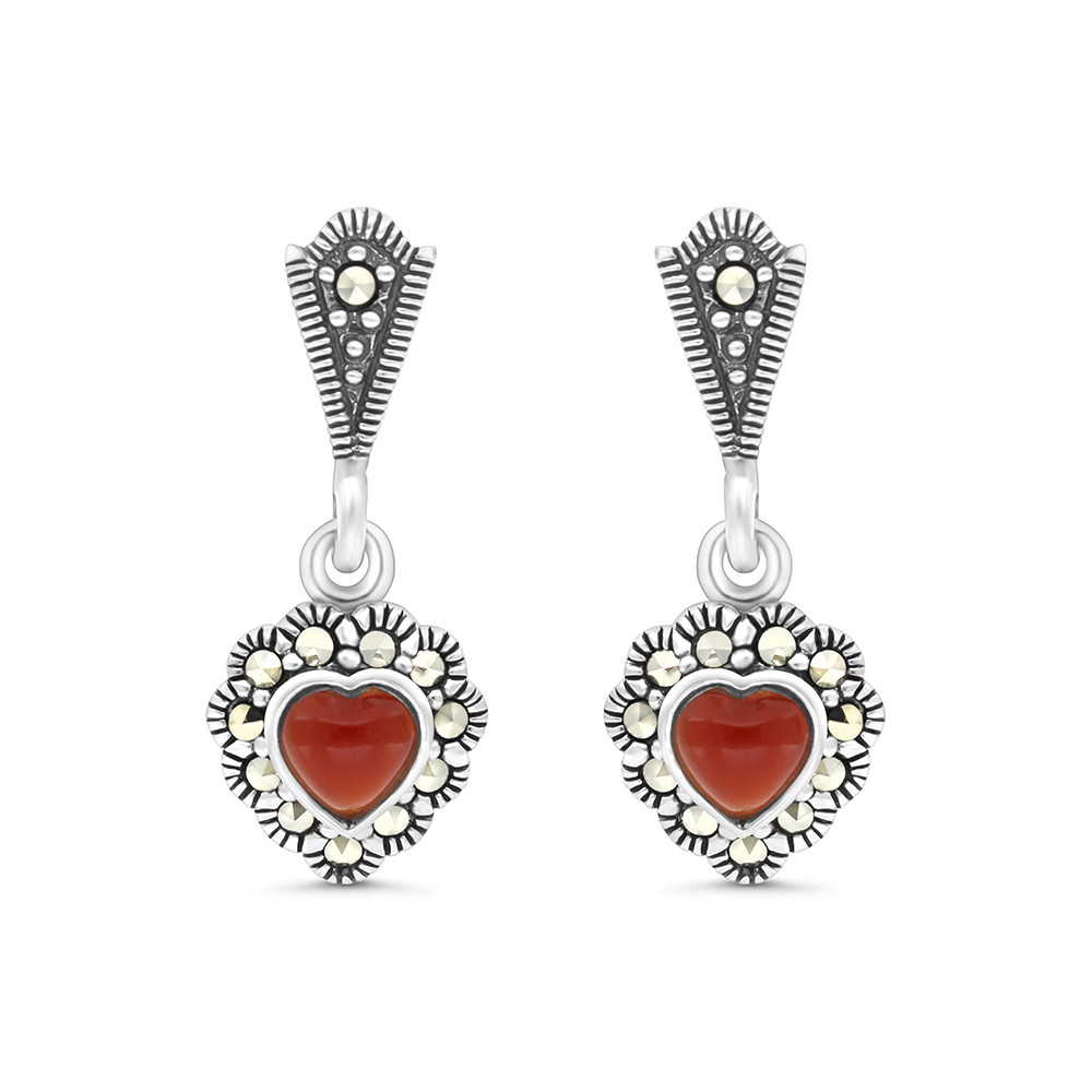 Sterling Silver 925 Earring Embedded With Natural Aqiq And Marcasite Stones
