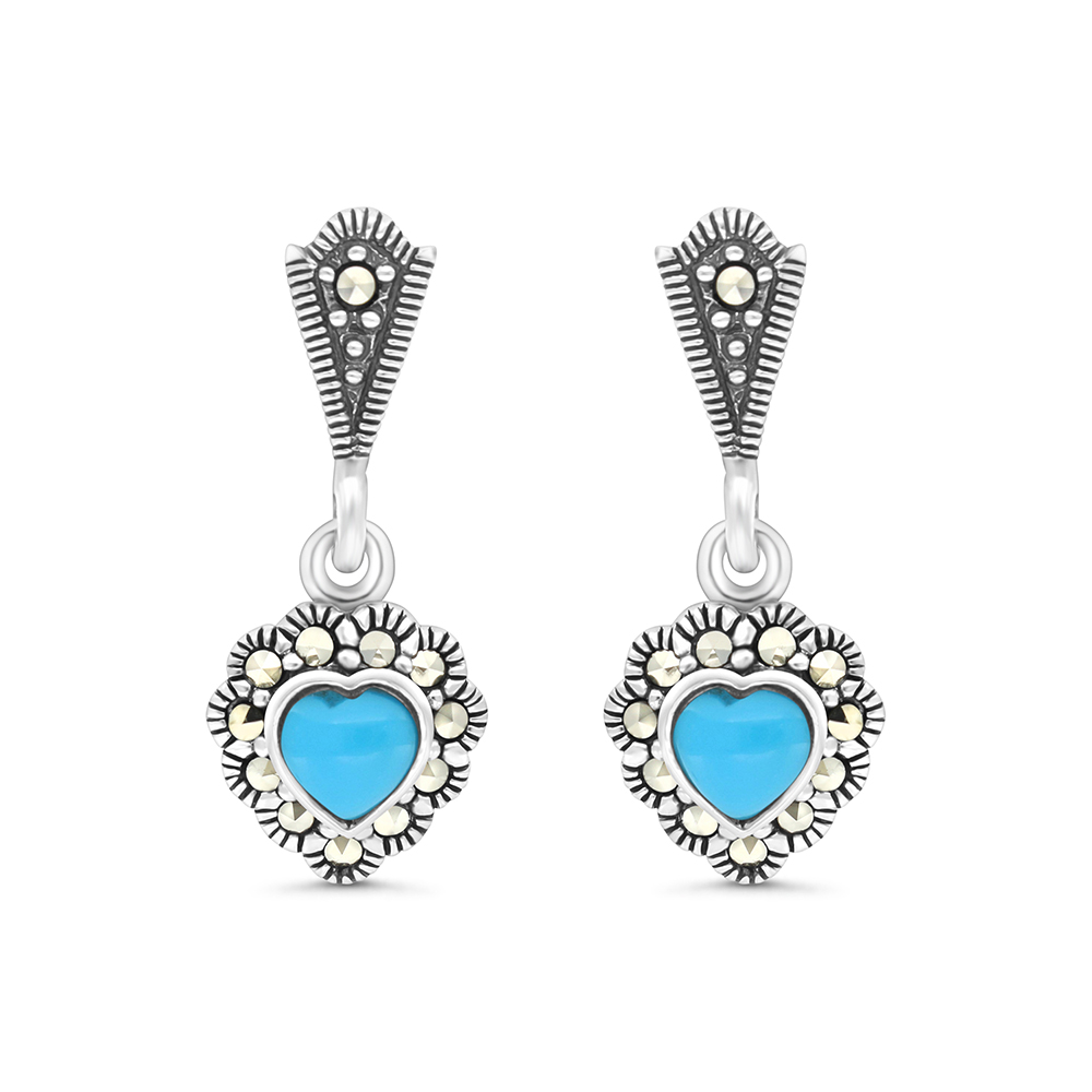 Sterling Silver 925 Earring Embedded With Natural Processed Turquoise And Marcasite Stones