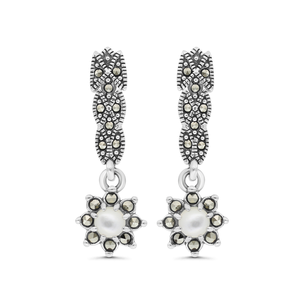 Sterling Silver 925 Earring Embedded With Natural White Shell And Marcasite Stones