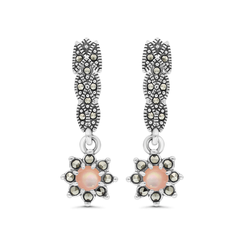 Sterling Silver 925 Earring Embedded With Natural Pink Shell And Marcasite Stones