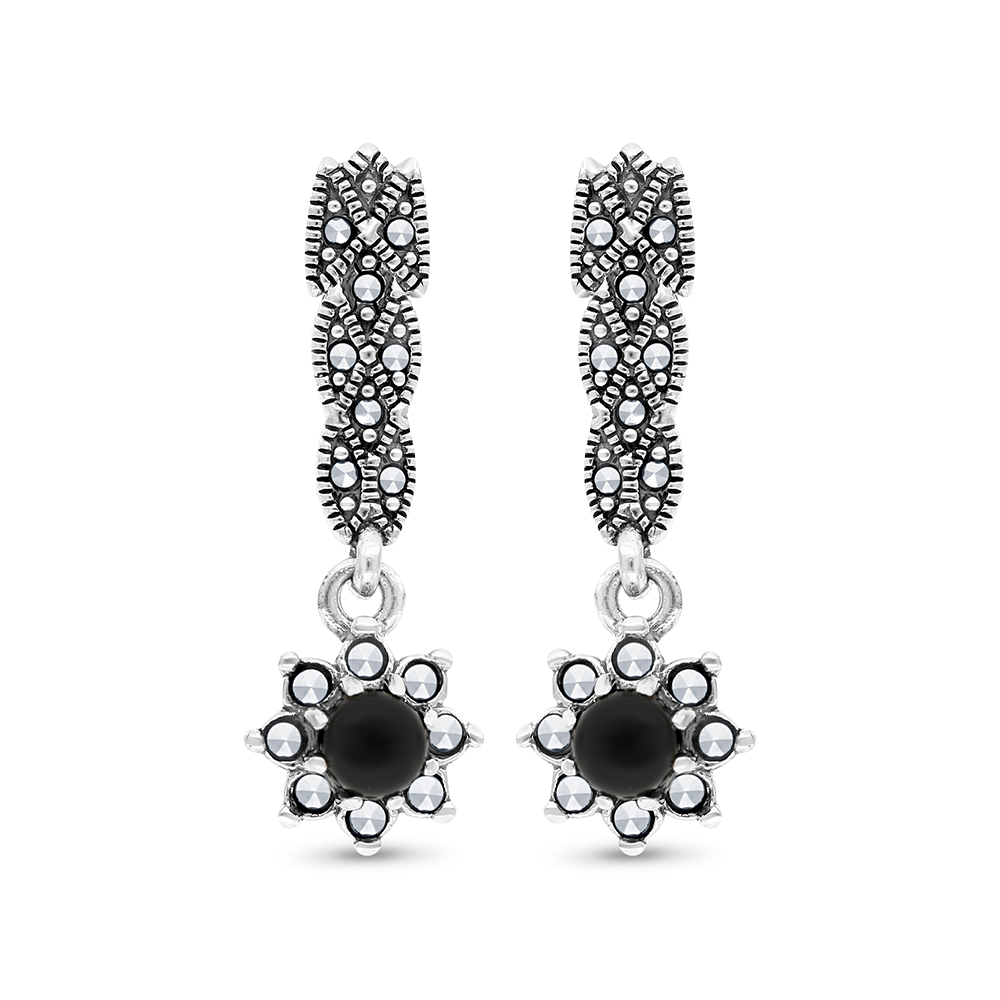 Sterling Silver 925 Earring Embedded With Natural Black Agate And Marcasite Stones