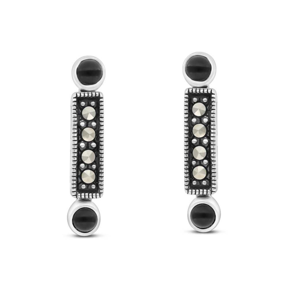 Sterling Silver 925 Earring Embedded With Natural Black Agate And Marcasite Stones
