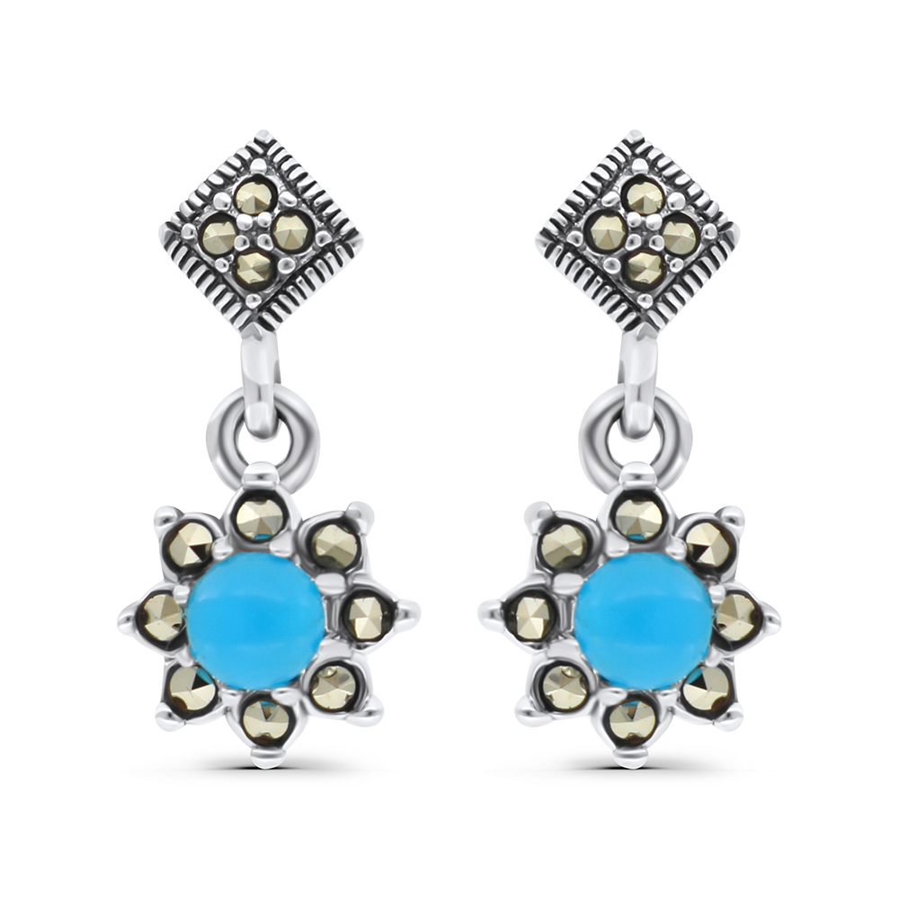 Sterling Silver 925 Earring Embedded With Natural Processed Turquoise And Marcasite Stones