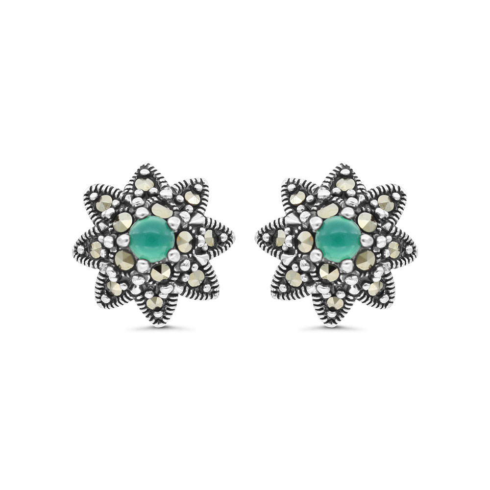 Sterling Silver 925 Earring Embedded With Natural Green Agate And Marcasite Stones
