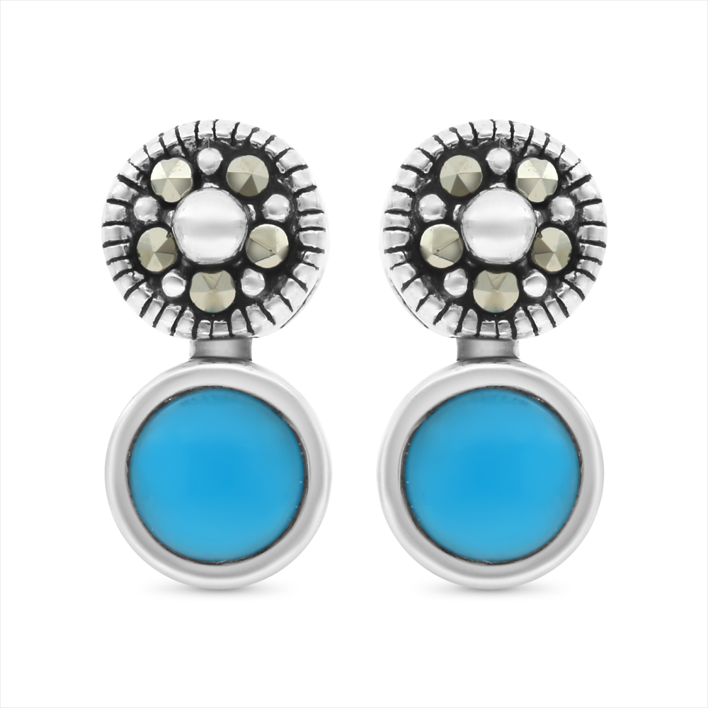 Sterling Silver 925 Earring Embedded With Natural Processed Turquoise And Marcasite Stones