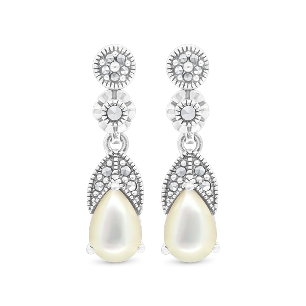 Sterling Silver 925 Earring Embedded With Natural White Shell And Marcasite Stones