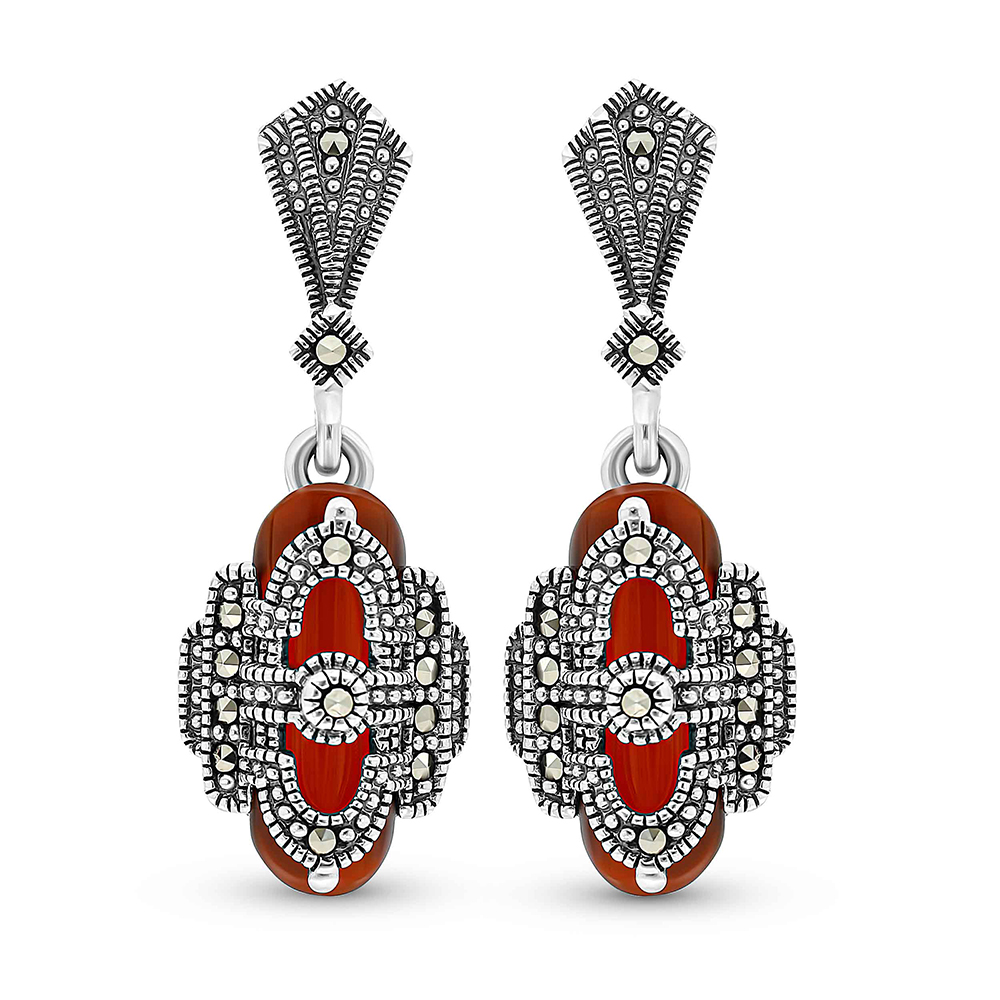 Sterling Silver 925 Earring Embedded With Natural Aqiq And Marcasite Stones