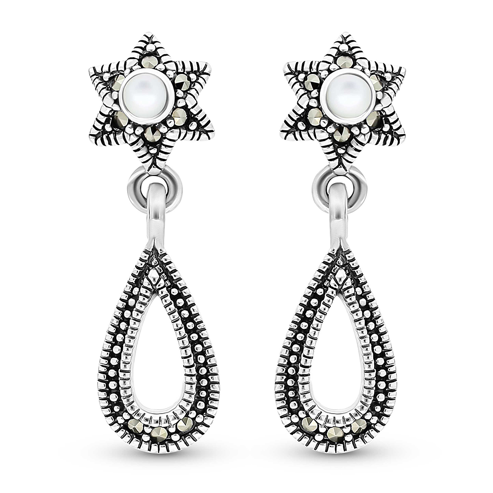 Sterling Silver 925 Earring Embedded With Natural White Shell And Marcasite Stones
