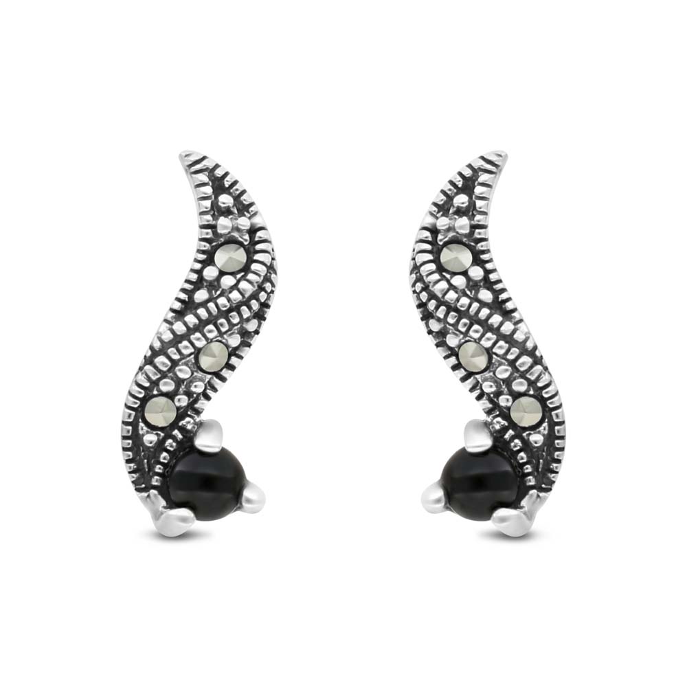 Sterling Silver 925 Earring Embedded With Natural Black Agate And Marcasite Stones