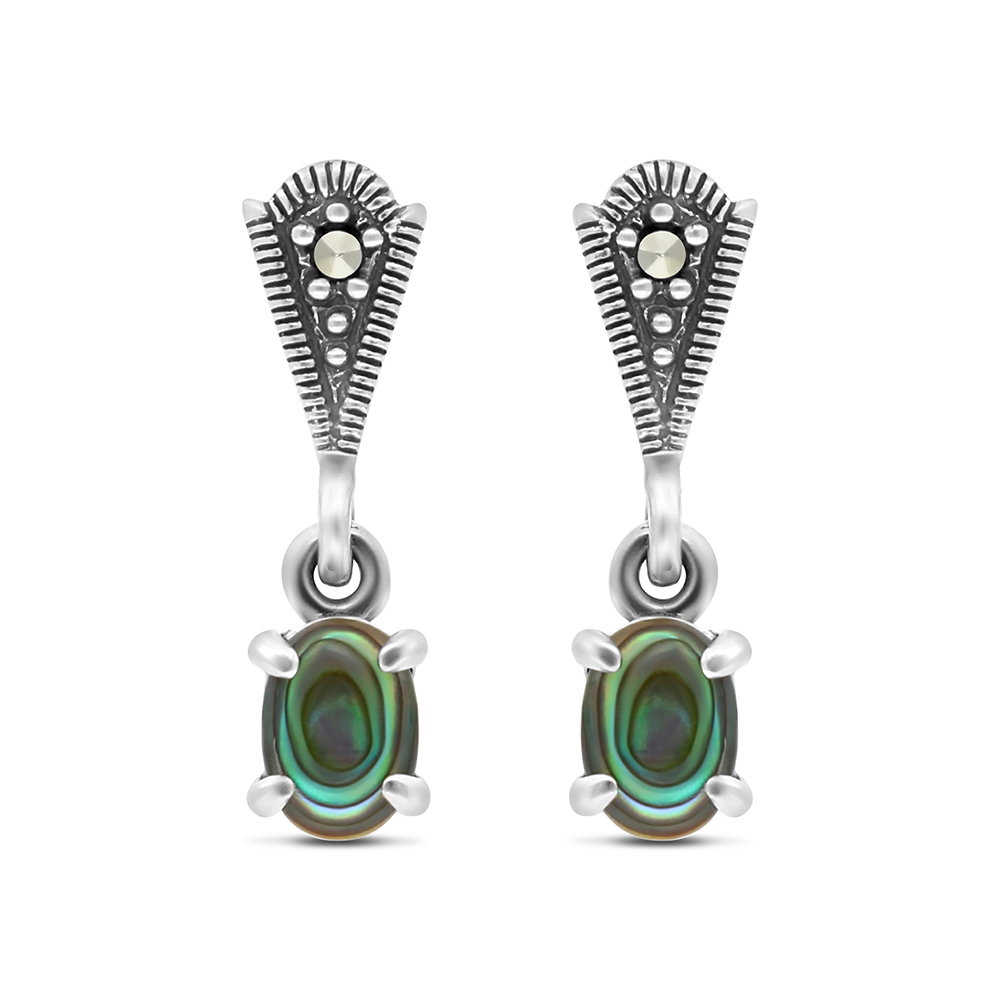Sterling Silver 925 Earring Embedded With Natural Blue Shell And Marcasite Stones
