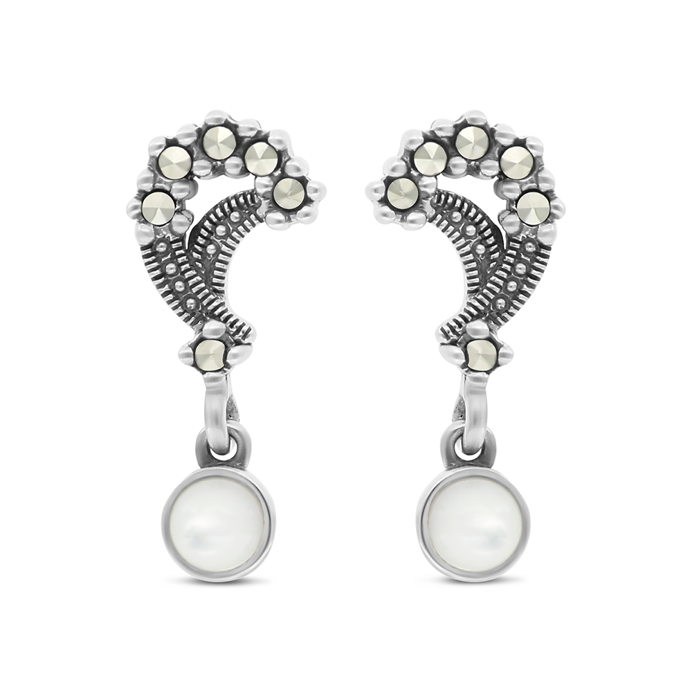 Sterling Silver 925 Earring Embedded With Natural White Shell And Marcasite Stones