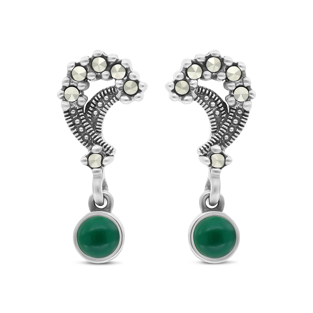 Sterling Silver 925 Earring Embedded With Natural Green Agate And Marcasite Stones