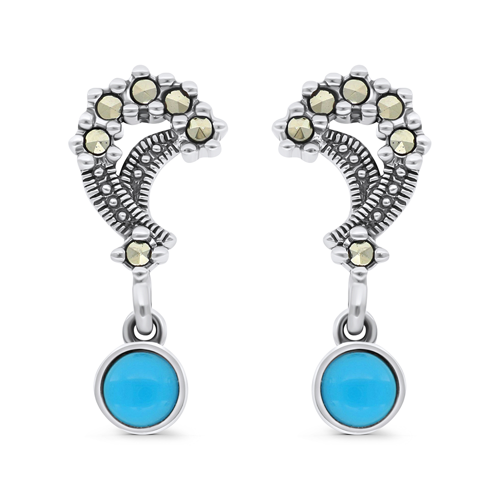 Sterling Silver 925 Earring Embedded With Natural Processed Turquoise And Marcasite Stones
