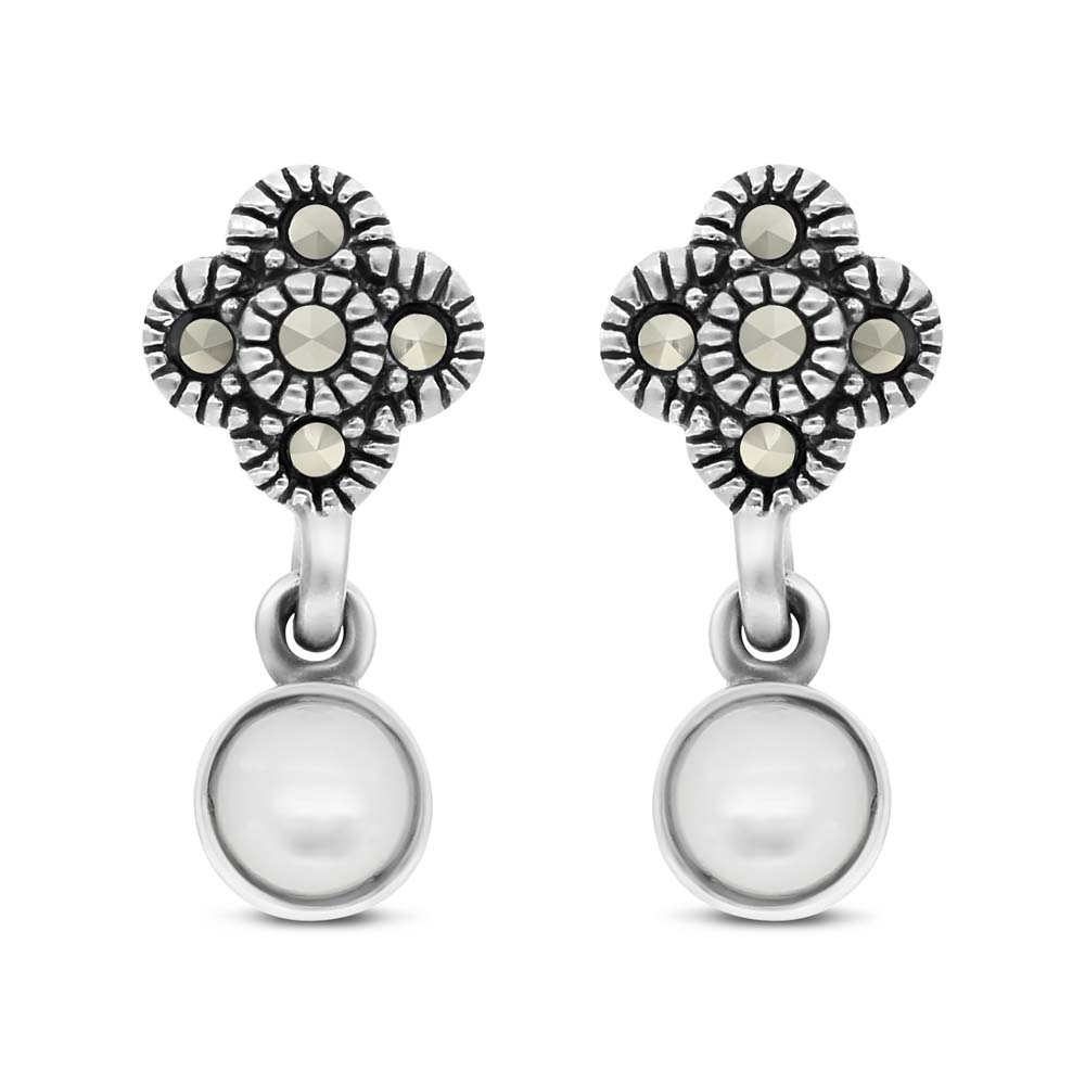 Sterling Silver 925 Earring Embedded With Natural White Shell And Marcasite Stones