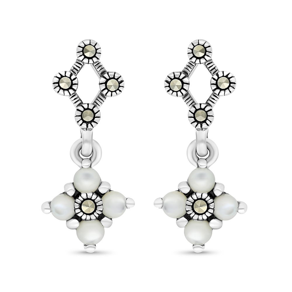 Sterling Silver 925 Earring Embedded With Natural White Shell And Marcasite Stones