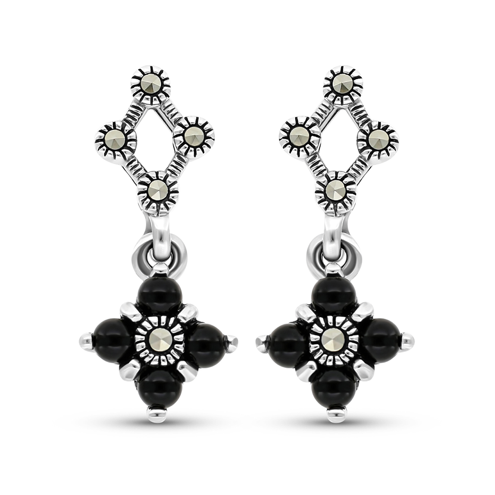 Sterling Silver 925 Earring Embedded With Natural Black Agate And Marcasite Stones