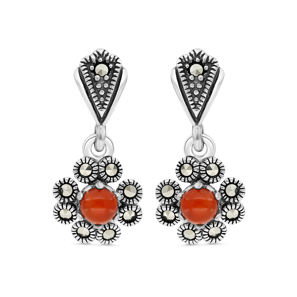 Sterling Silver 925 Earring Embedded With Natural Aqiq And Marcasite Stones
