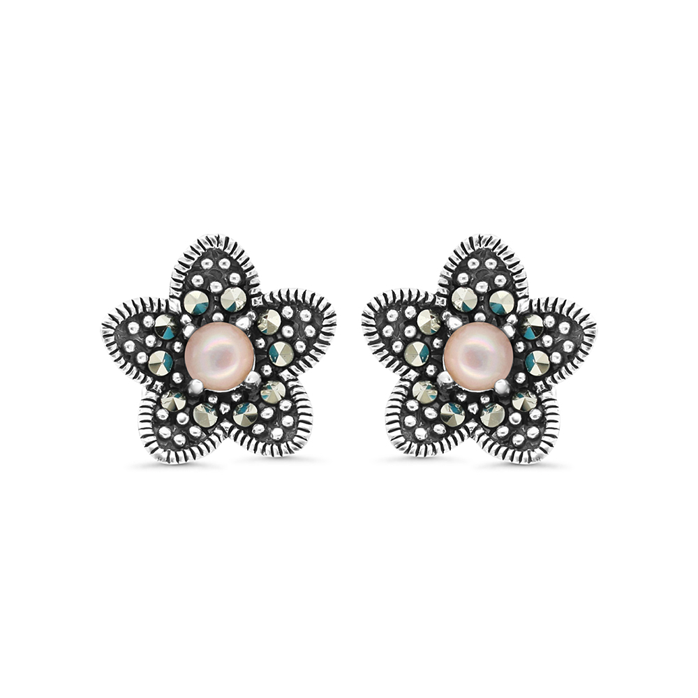 Sterling Silver 925 Earring Embedded With Natural Pink Shell And Marcasite Stones