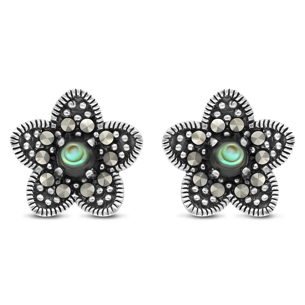 Sterling Silver 925 Earring Embedded With Natural Blue Shell And Marcasite Stones