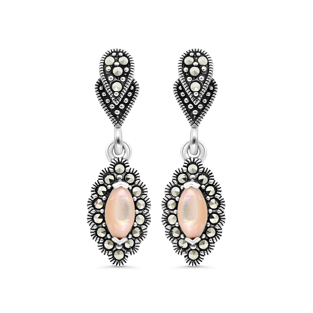 Sterling Silver 925 Earring Embedded With Natural Pink Shell And Marcasite Stones