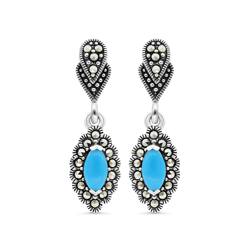 Sterling Silver 925 Earring Embedded With Natural Processed Turquoise And Marcasite Stones