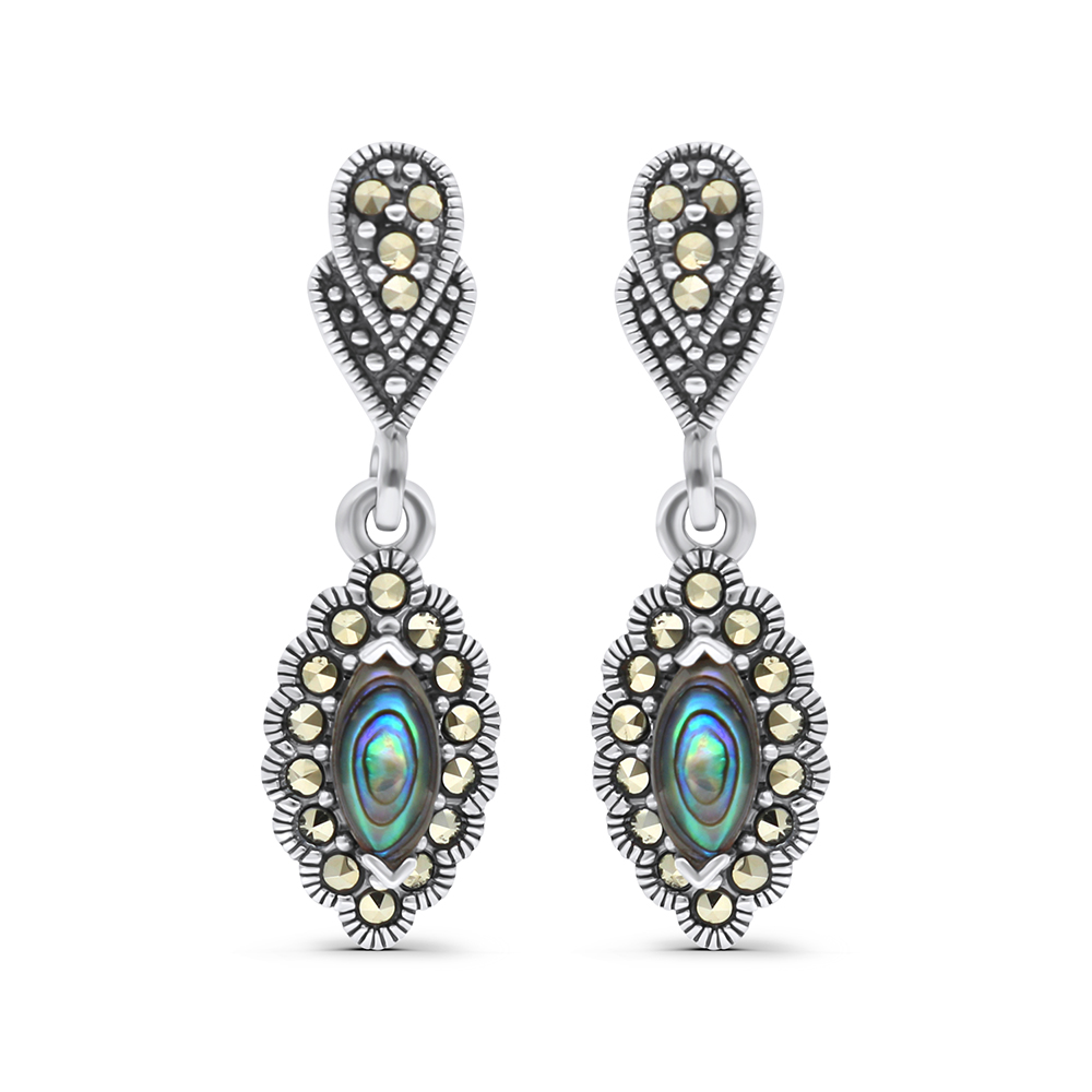 Sterling Silver 925 Earring Embedded With Natural Blue Shell And Marcasite Stones