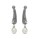 Sterling Silver 925 Earring Embedded With Natural White Shell And Marcasite Stones