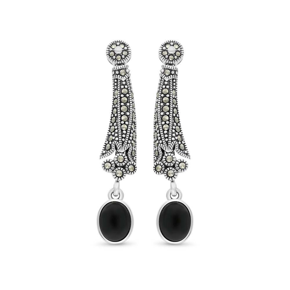 Sterling Silver 925 Earring Embedded With Natural Black Agate And Marcasite Stones
