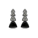 Sterling Silver 925 Earring Embedded With Natural Black Agate And Marcasite Stones